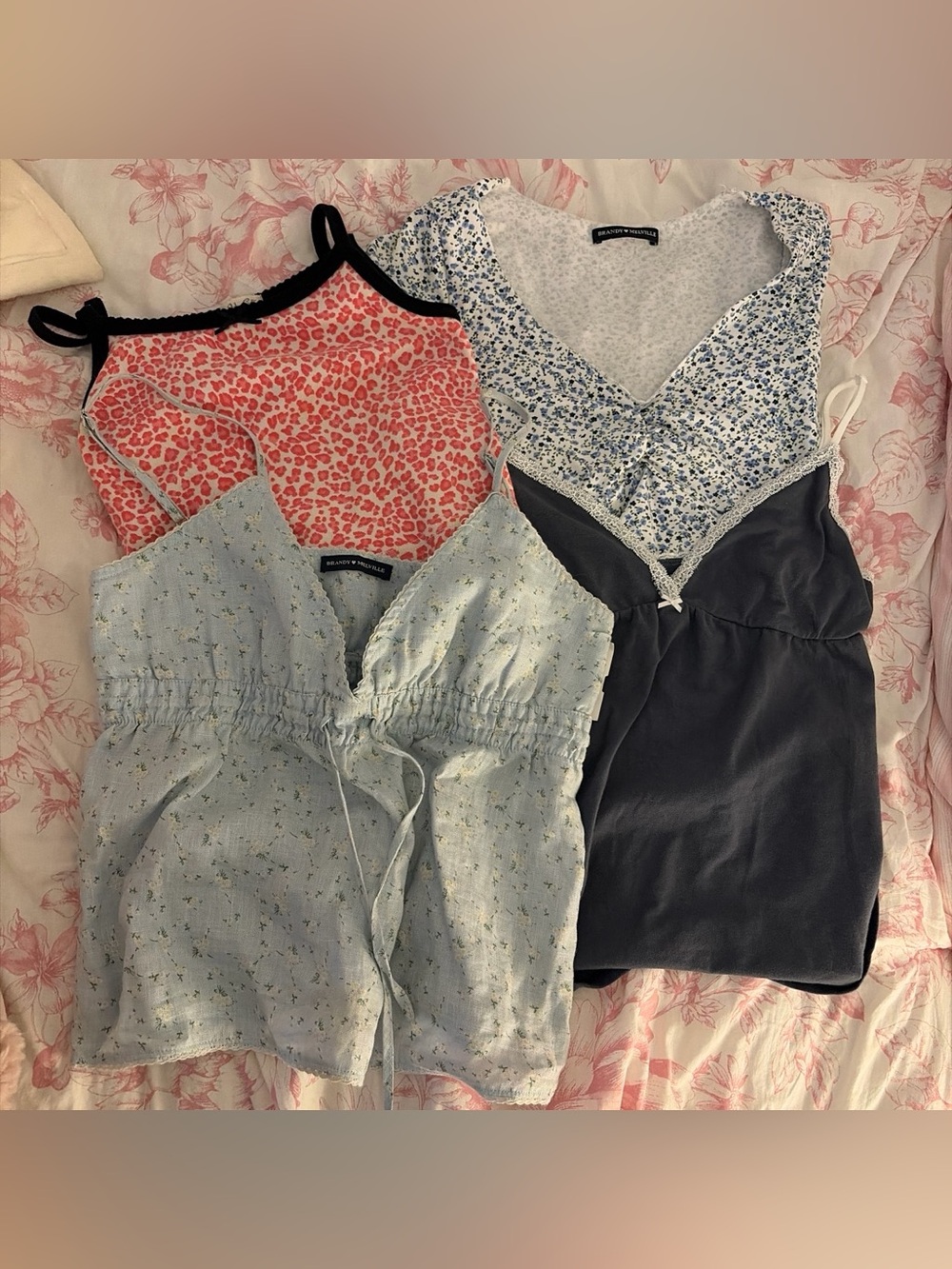 Brandy Melville Pastel Blue Floral, Grey, and Leopard Print Camis Bundle